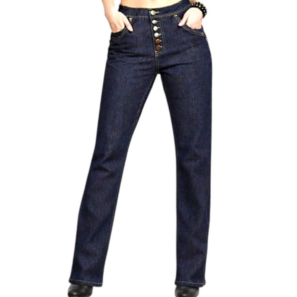 Ellery Monroe Blue Indigo Button Yellow Accent Overstitch Straight Jeans Size 2